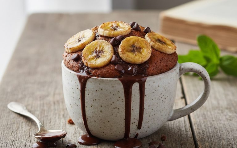Mug cake banane chocolat moelleux avec rondelles de banane et pépites de chocolat, sur une table en bois.