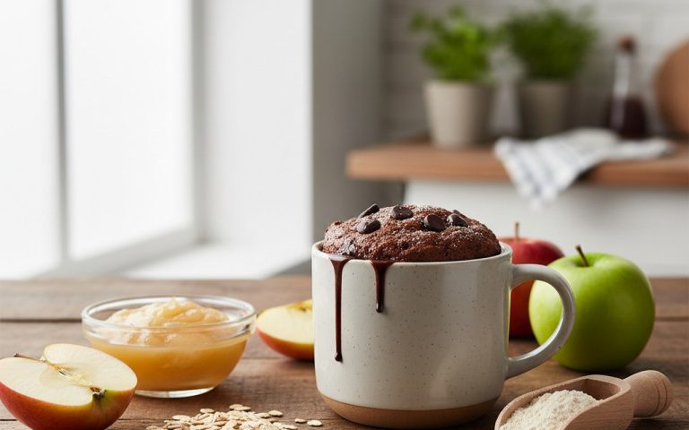 Mug cake healthy chocolat avec ingrédients sains autour