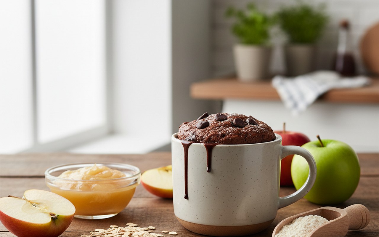 Mug cake healthy chocolat avec ingrédients sains autour