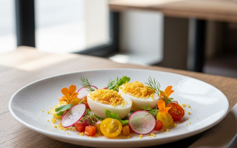 Œuf mimosa gastronomique décoré de miettes dorées et légumes colorés.