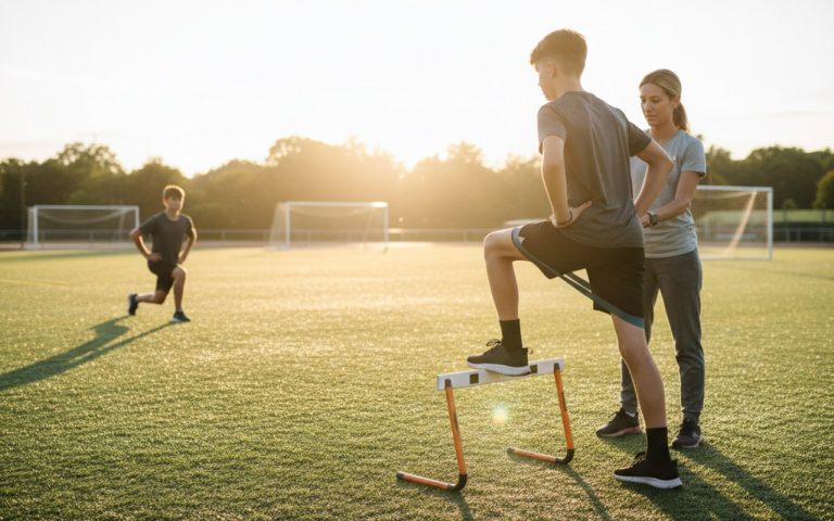 Adolescent faisant des exercices pour prévenir la maladie d'Osgood-Schlatter sur un terrain de sport.