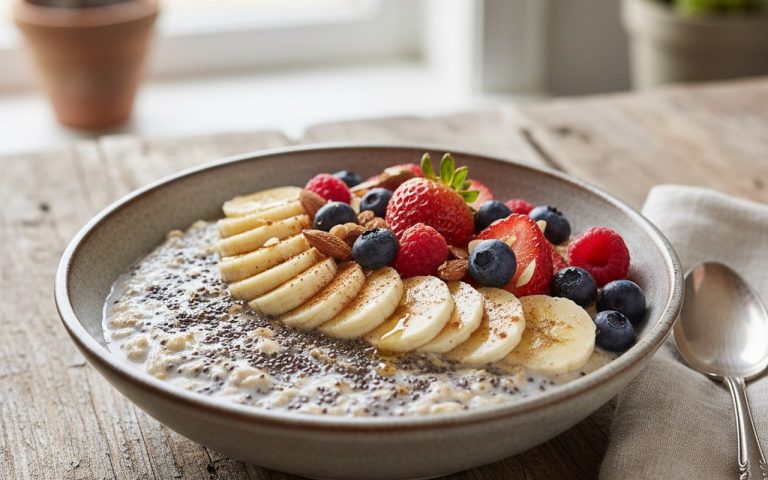 Bol de overnight oats peu caloriques avec flocons d'avoine, lait d'avoine et banane.
