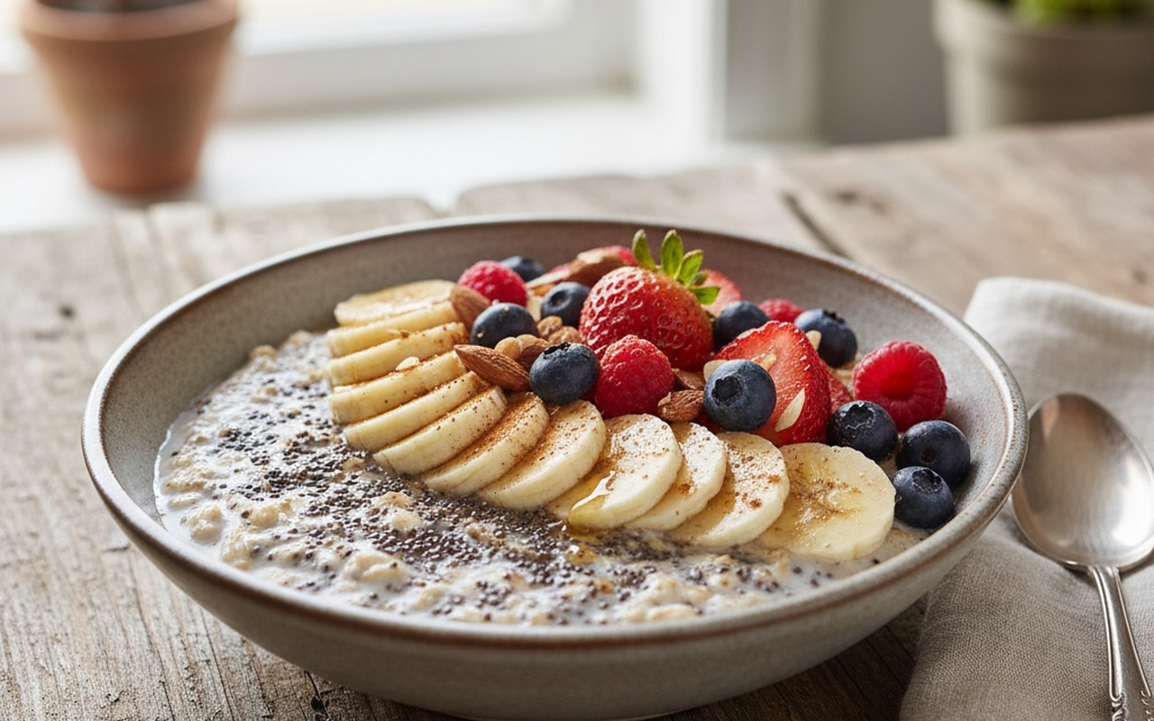 Bol de overnight oats peu caloriques avec flocons d'avoine, lait d'avoine et banane.