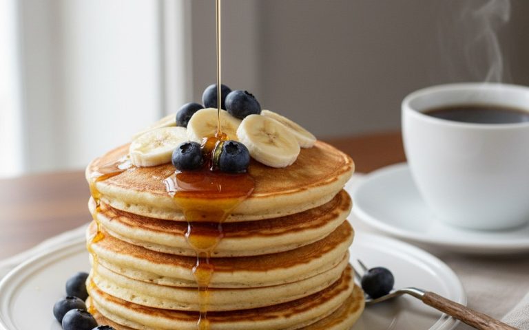 Pancakes moelleux avec fruits frais et sirop d'érable, parfaits pour le petit-déjeuner.