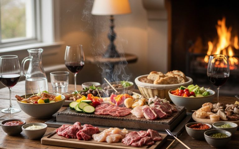 Table conviviale avec pierrade et ingrédients variés pour un repas interactif.