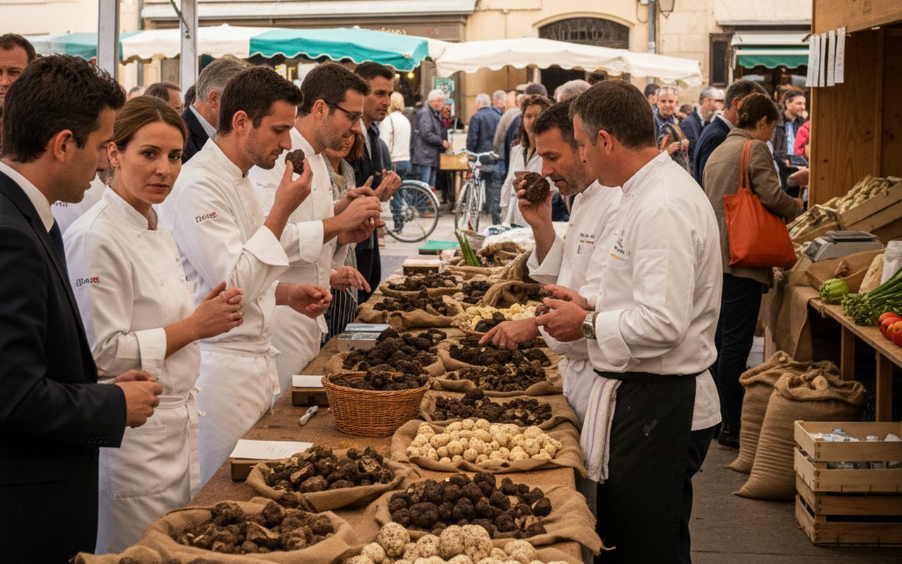 Marché de truffes en France avec des truffes noires et blanches exposées.