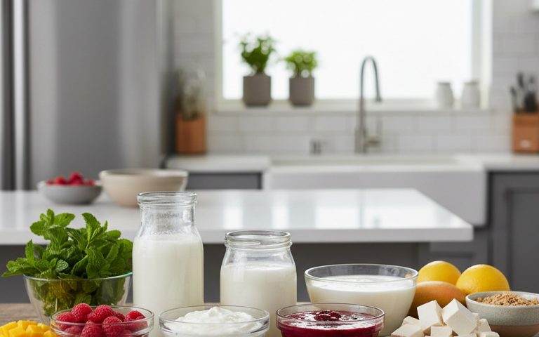 Alternatives au yaourt sur une table de cuisine moderne, incluant lait Ribot, kéfir, skyr et purées de fruits.