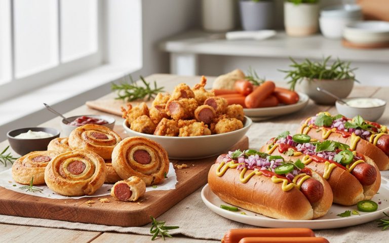 Table de cuisine avec des plats variés à base de Knacki, feuilletés, beignets et hot-dogs.