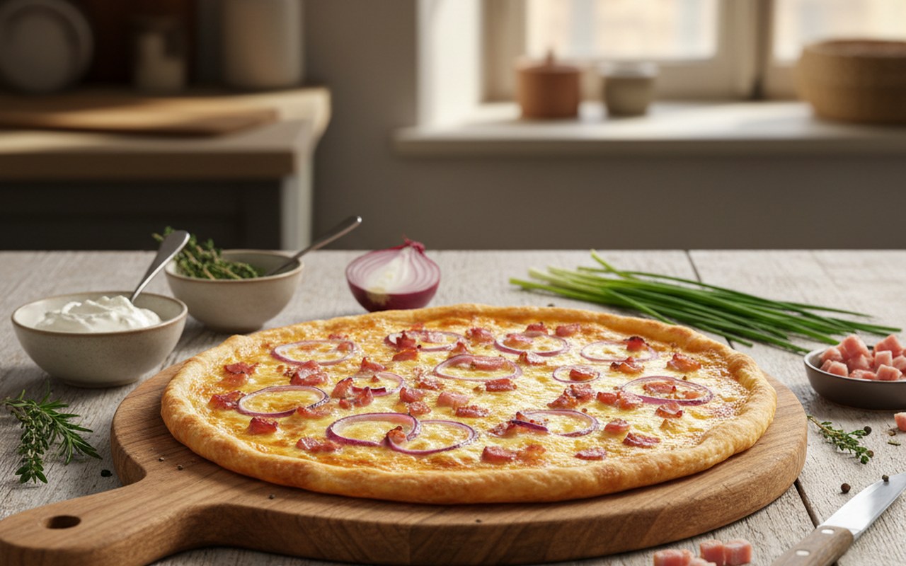 Tarte flambée alsacienne avec lardons et oignons sur une planche en bois