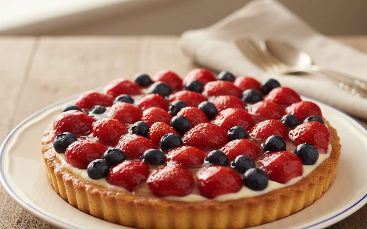 Tarte aux fruits nappée de sirop de sucre, mettant en valeur des fraises et des myrtilles.