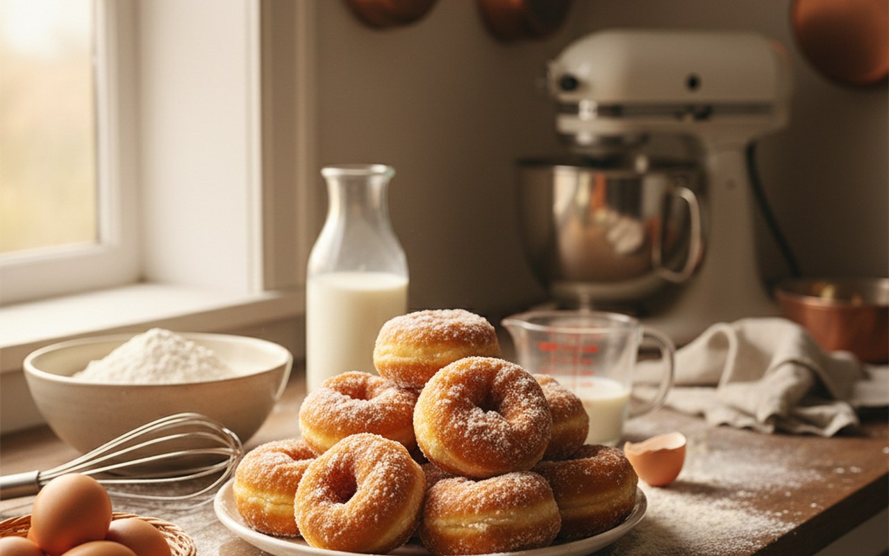 Beignets dorés et moelleux sur une assiette avec des ingrédients de pâtisserie autour.