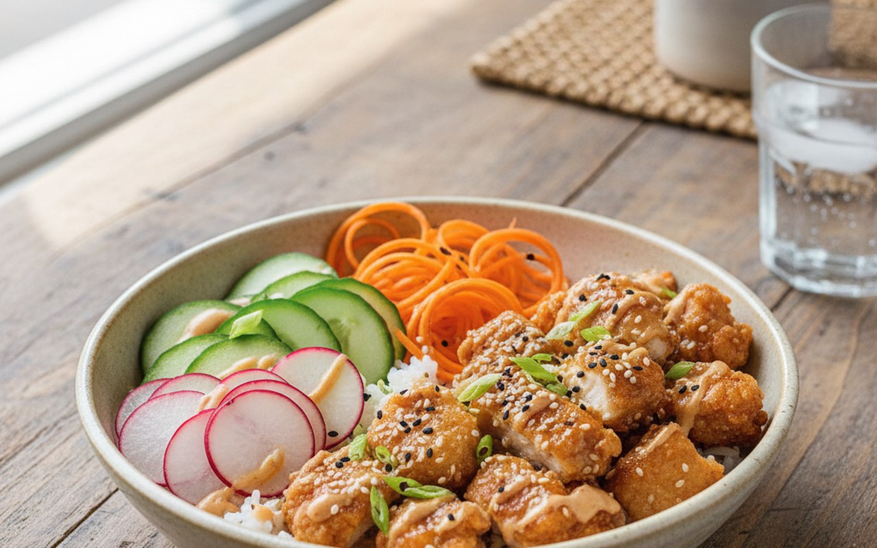 Poke bowl au poulet croustillant avec légumes frais et riz à sushi.