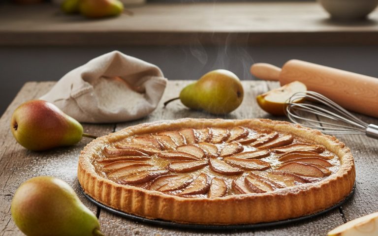 Tarte aux poires dorée sur une table en bois, entourée d'ingrédients de pâtisserie.