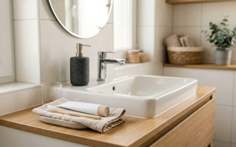 Dentifrice et brosse à dents sur lavabo propre