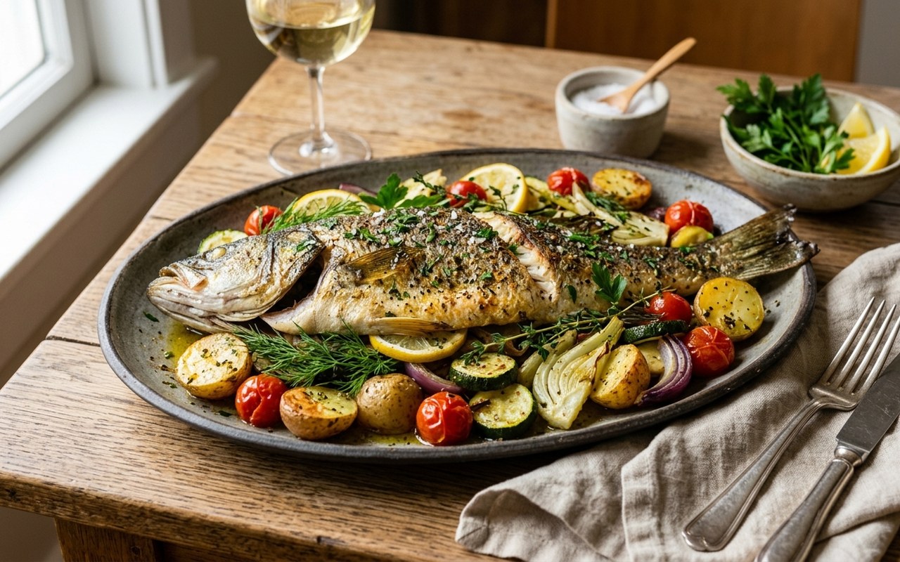 Black bass cuisiné avec citron et herbes