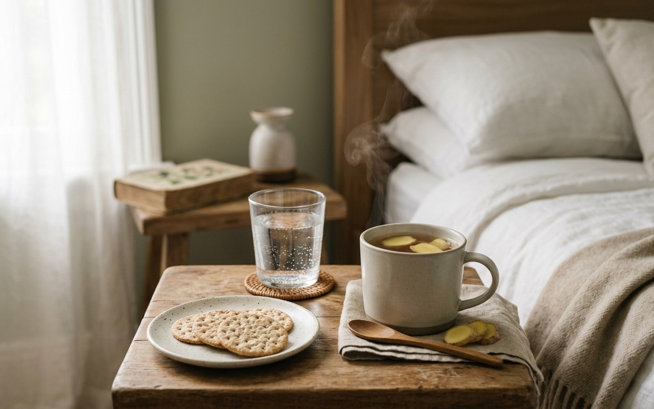 Verre d’eau et tisane pour calmer les nausées