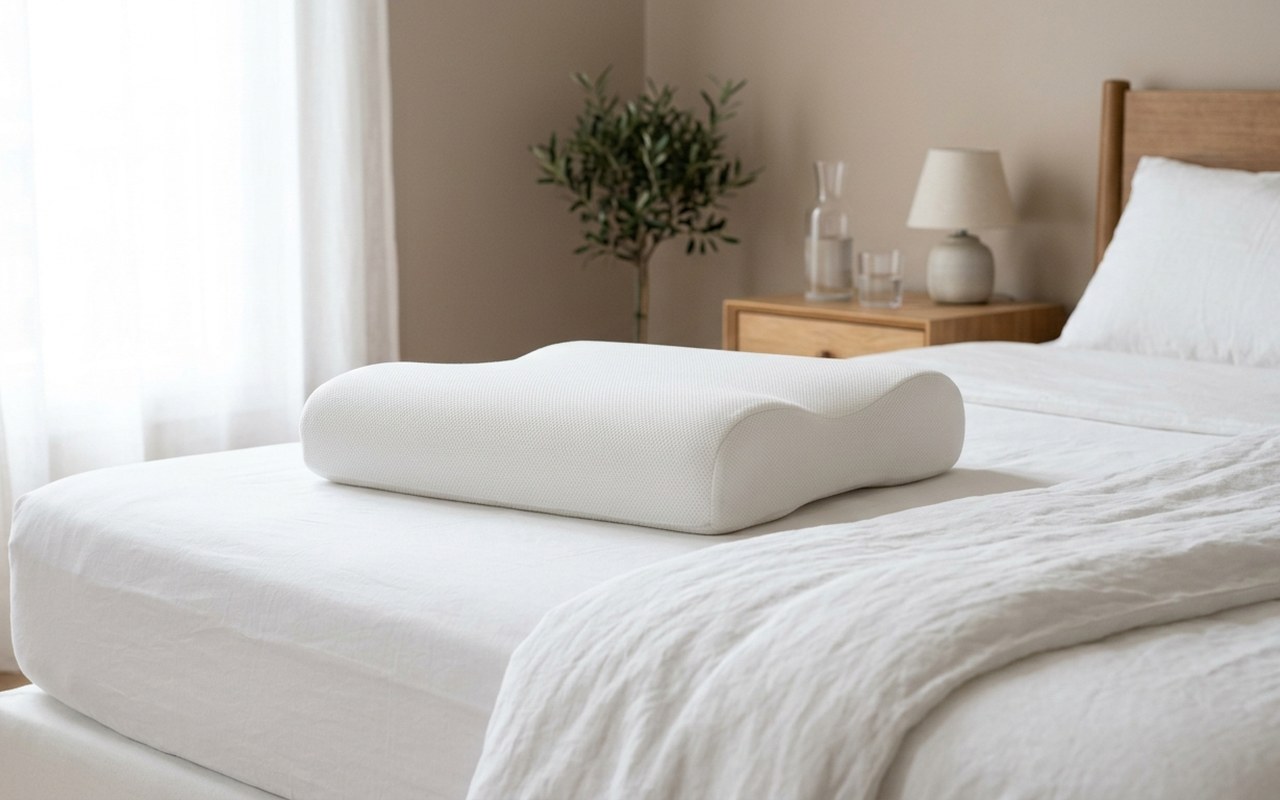 Oreiller mémoire de forme sur un lit clair