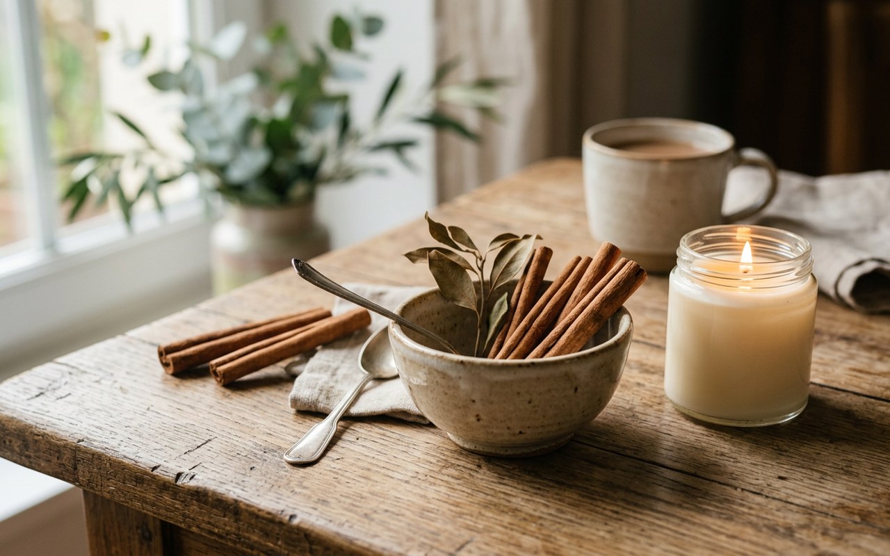 Bâtons de cannelle et bougie dans une ambiance bien-être