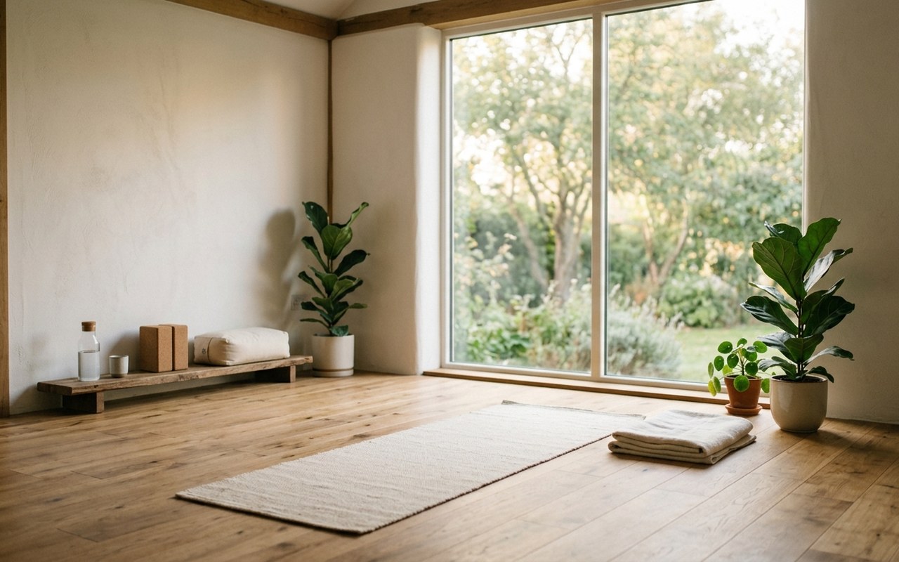 Tapis de yoga dans une pièce calme sans personne