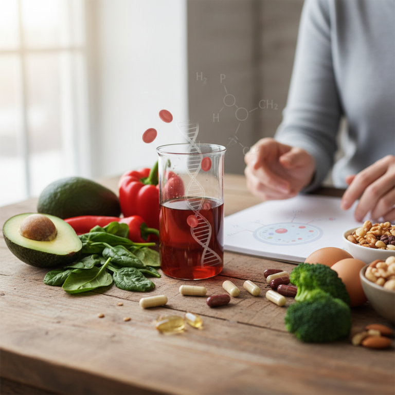 Illustration réaliste sur VGM élevé : carences en vitamines B et équilibre en régime cétogène