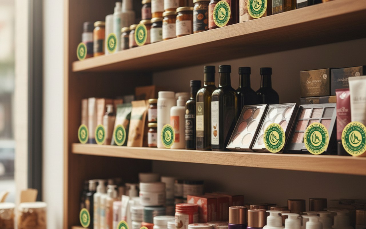 Produits alimentaires et cosmétiques certifiés halal sur une étagère.