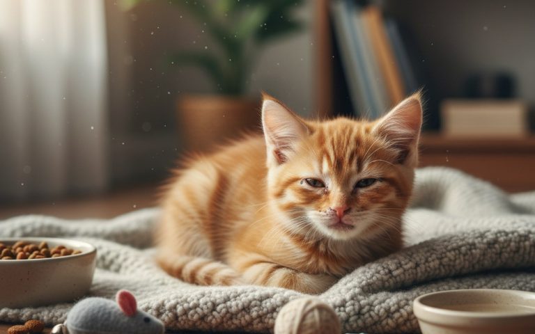 Un chaton montrant des symptômes de coryza dans un environnement domestique.