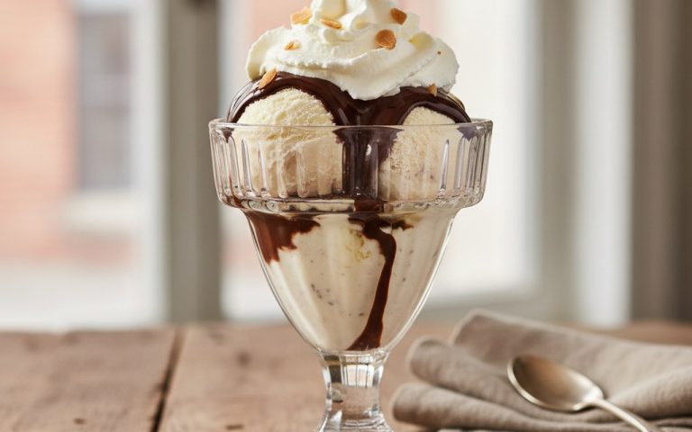 Dame Blanche dessert avec glace vanille, sauce chocolat et crème fouettée sur une table en bois.