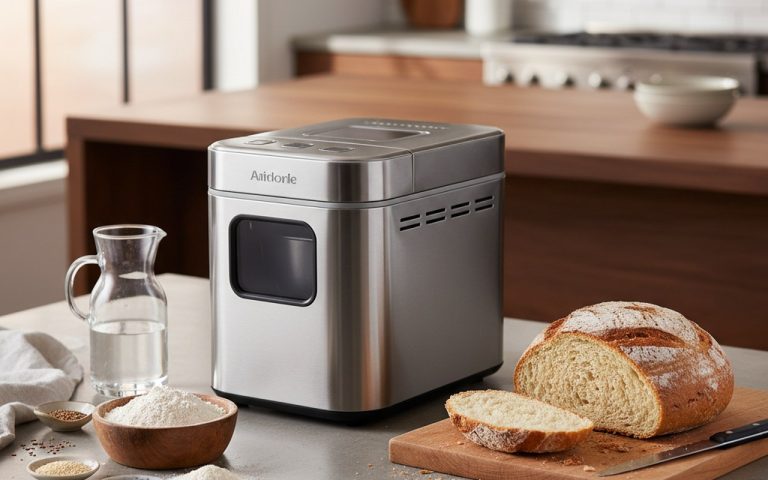 Machine à pain moderne avec ingrédients frais et pain doré sur un plan de travail de cuisine.