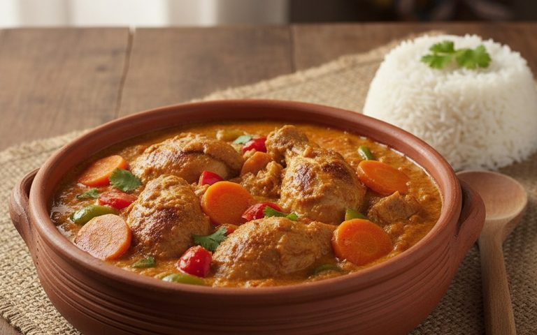 Plat de mafé poulet traditionnel avec sauce onctueuse et légumes colorés.