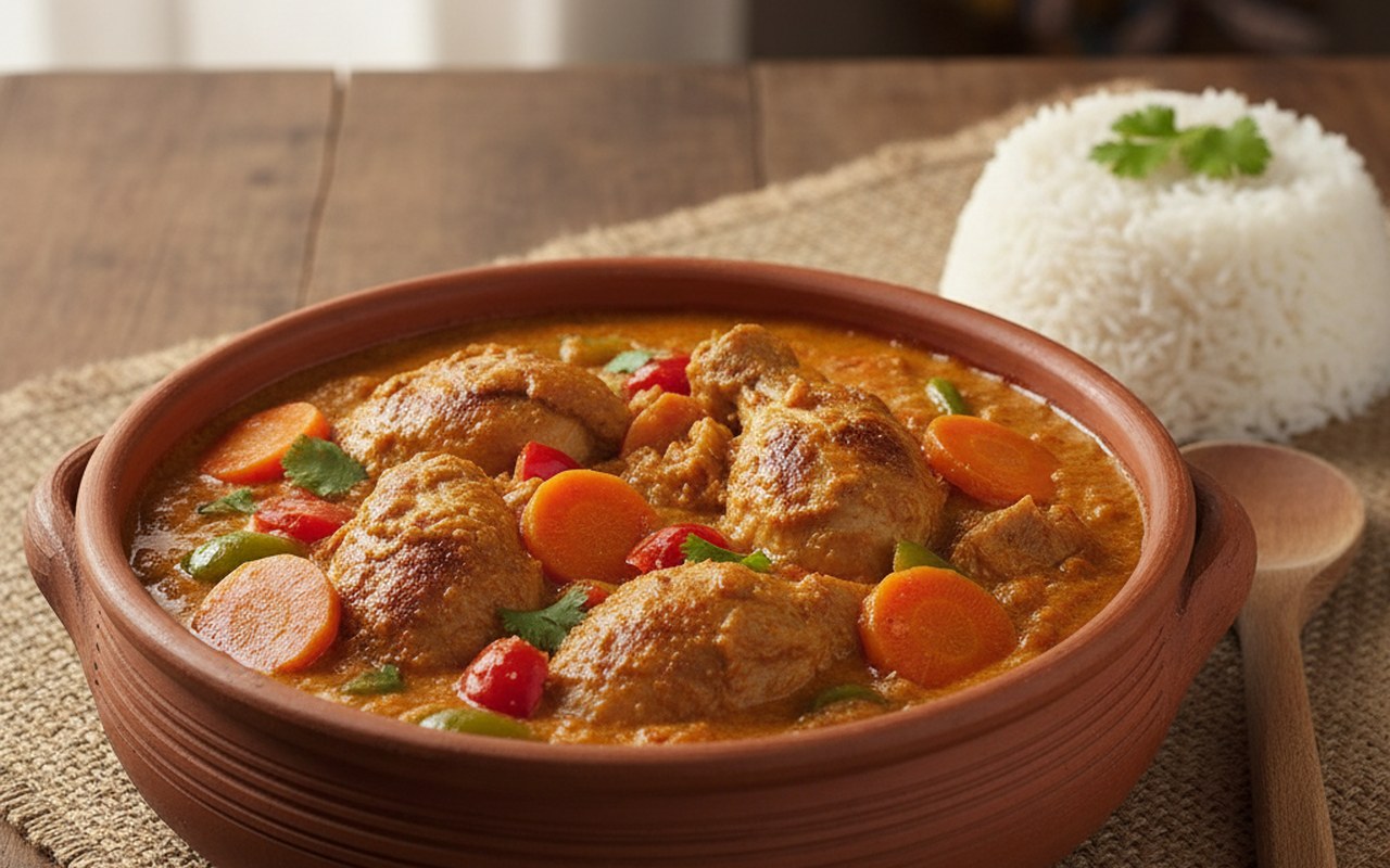 Plat de mafé poulet traditionnel avec sauce onctueuse et légumes colorés.