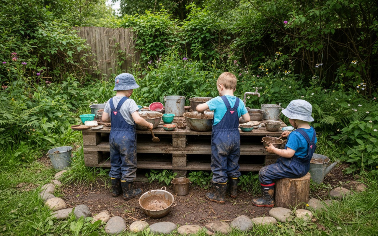 Enfants jouant dans une mud kitchen avec de la boue et des ustensiles de cuisine.