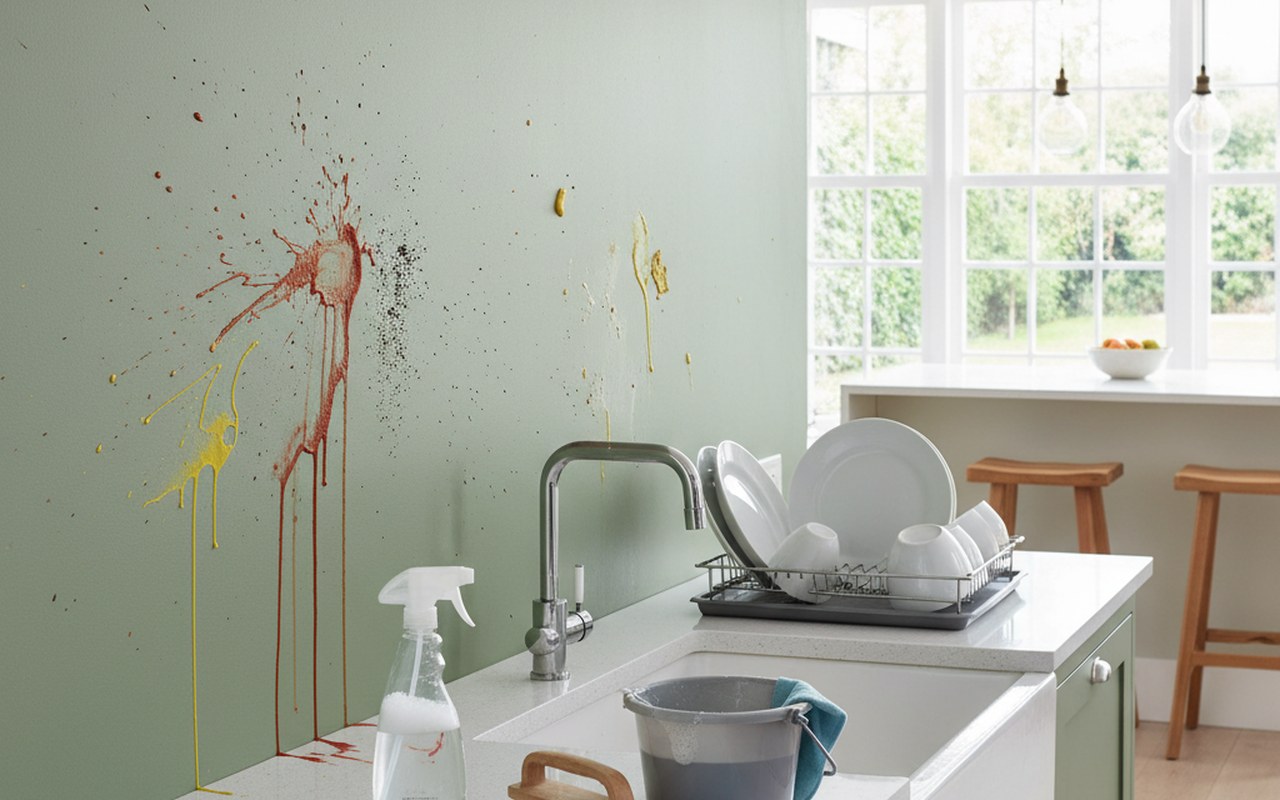 Cuisine moderne avec peinture lessivable satinée et éclaboussures visibles.