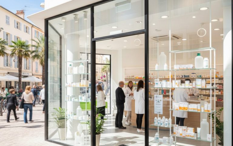 Pharmacie moderne à Antibes avec des clients et des produits de santé.