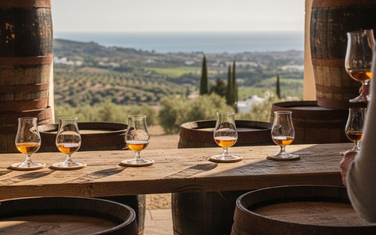 Dégustation de whisky espagnol avec des verres et des fûts de chêne en arrière-plan.